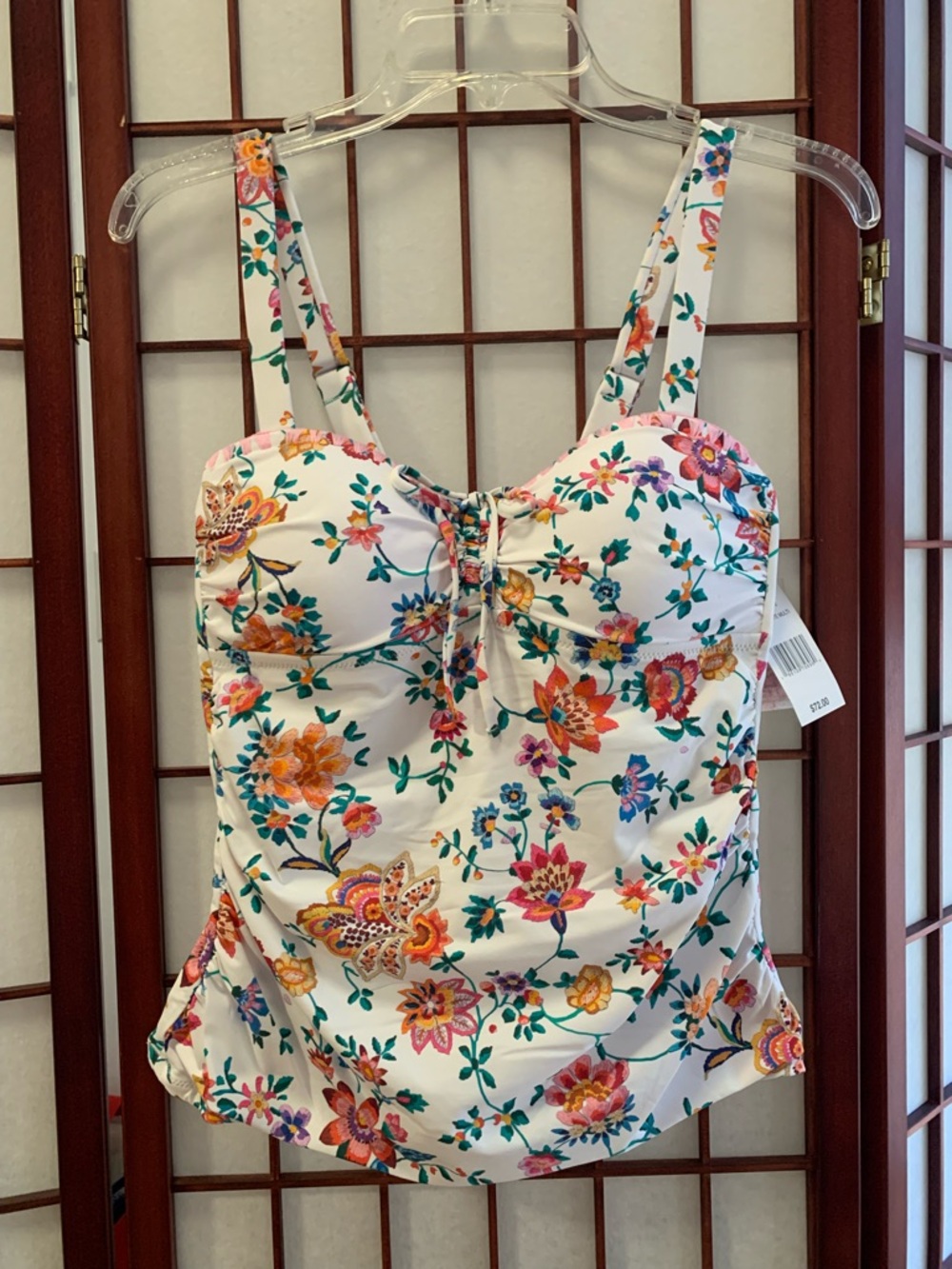 NWT JESSICA SIMPSON WHITE/PINK/GREEN FLORAL MULTICOLORED TANKINI SWIM TOP SIZE S